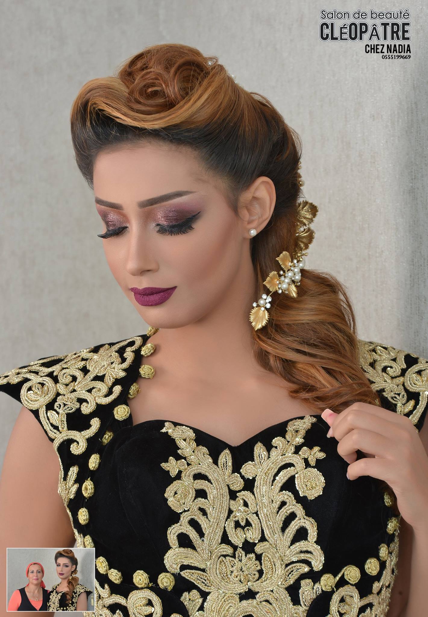 Coiffure de mariée avec accessoire de perles dorées et maquillage smokey prune, tenue algérienne traditionnelle - Cléopâtre