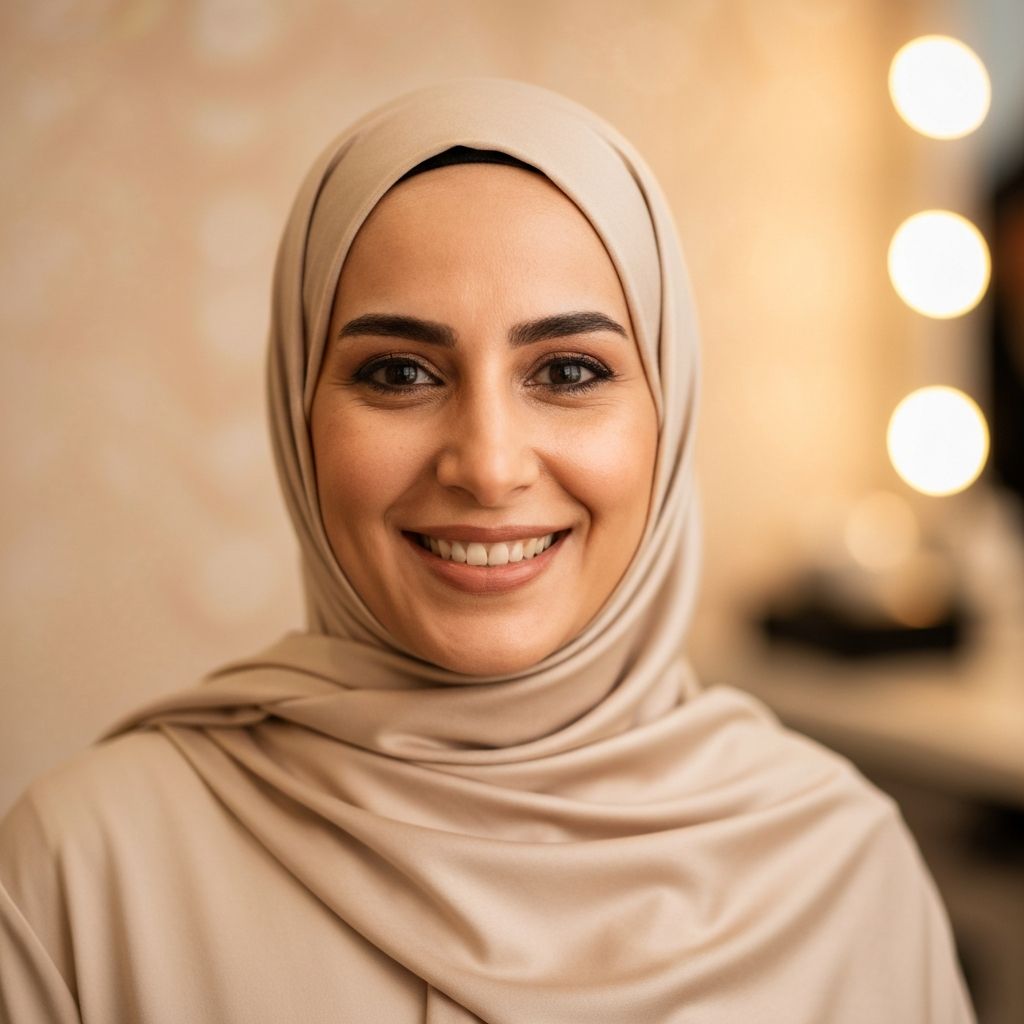 Amina, cliente du salon Cléopâtre à Hussein Dey Alger, portant un hijab beige avec un sourire chaleureux