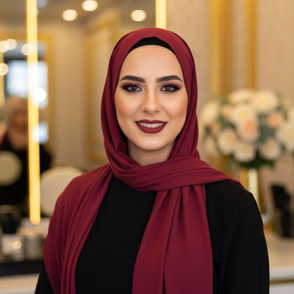 Houda, cliente voilée du salon Cléopâtre, avec un hijab bordeaux et un maquillage soirée