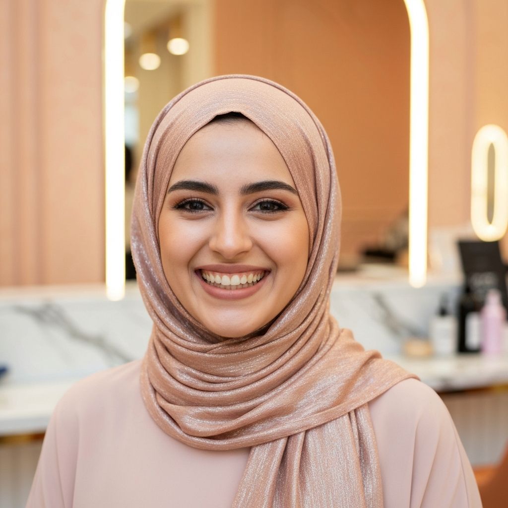 Sarah, cliente fidèle du salon Cléopâtre, portant un hijab rose doré avec un grand sourire