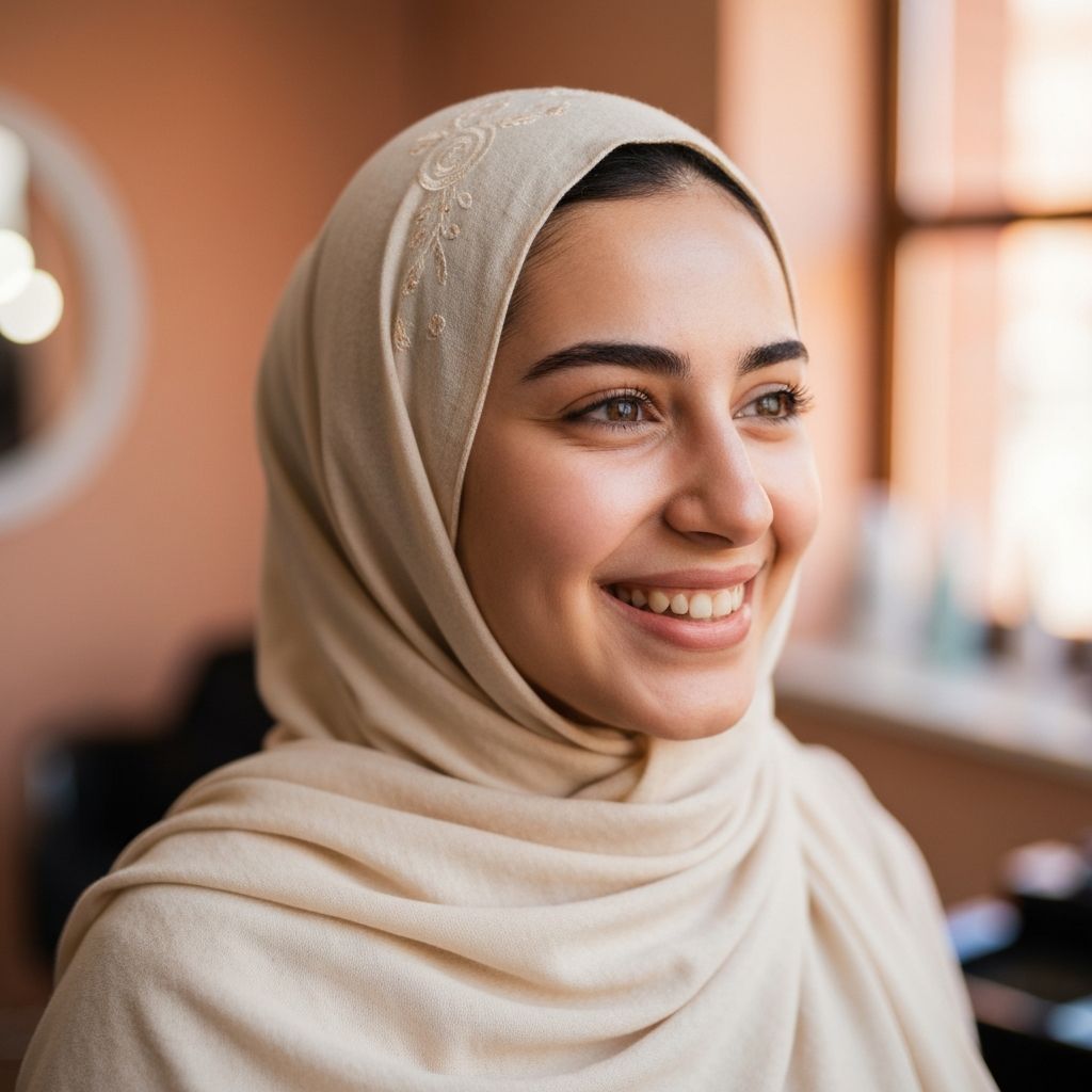 Yasmine, jeune femme voilée, rayonnante après son maquillage de fiançailles au salon Cléopâtre